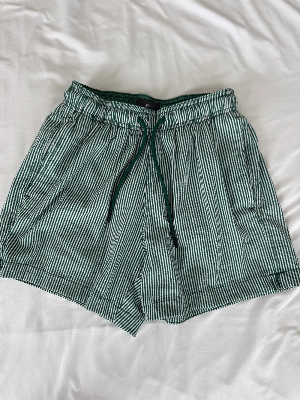 H&M Green and White Striped Swim Trunks